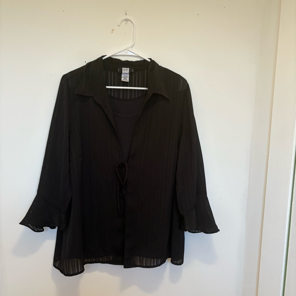 Studio Black Bell Sleeve Blouse with Notched Collar